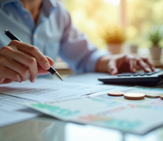 Personne calculant ses impots avec documents et calculatrice