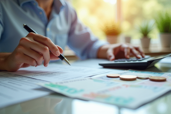 Personne calculant ses impots avec documents et calculatrice