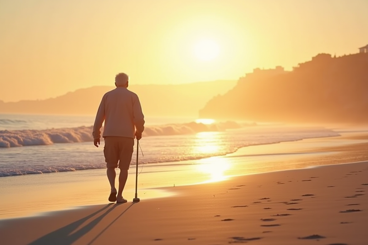 Personne âgée marchant sur la plage au lever du soleil