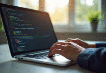 Personne tapant sur un clavier d'ordinateur portable dans un bureau lumineux
