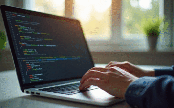 Personne tapant sur un clavier d'ordinateur portable dans un bureau lumineux