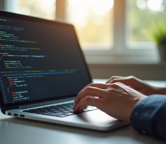 Personne tapant sur un clavier d'ordinateur portable dans un bureau lumineux