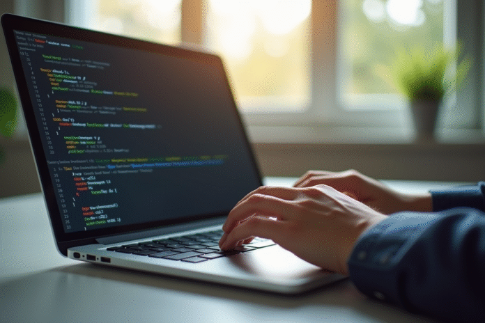 Personne tapant sur un clavier d'ordinateur portable dans un bureau lumineux