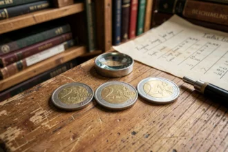 Pièces de 2 euros rares posées sur un bureau en bois avec une loupe de numismate et une liste de valeurs manuscrite