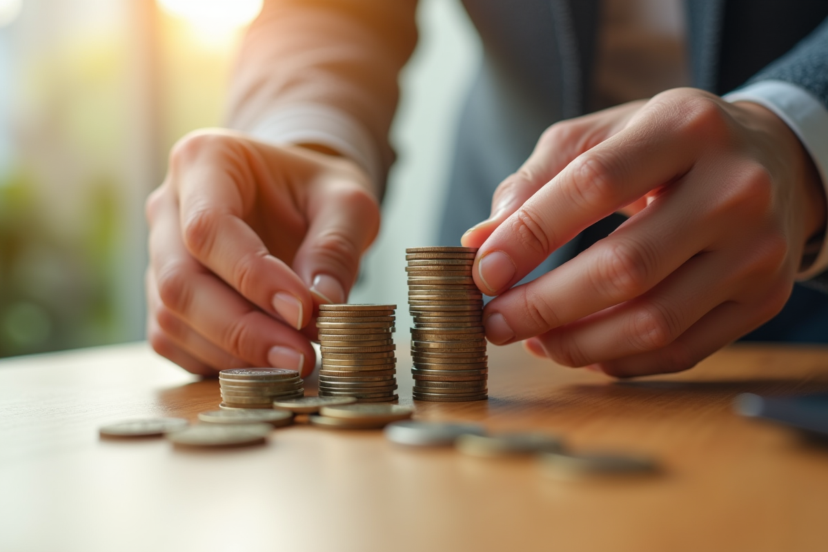 Mains empilant des pièces de monnaie sur une table