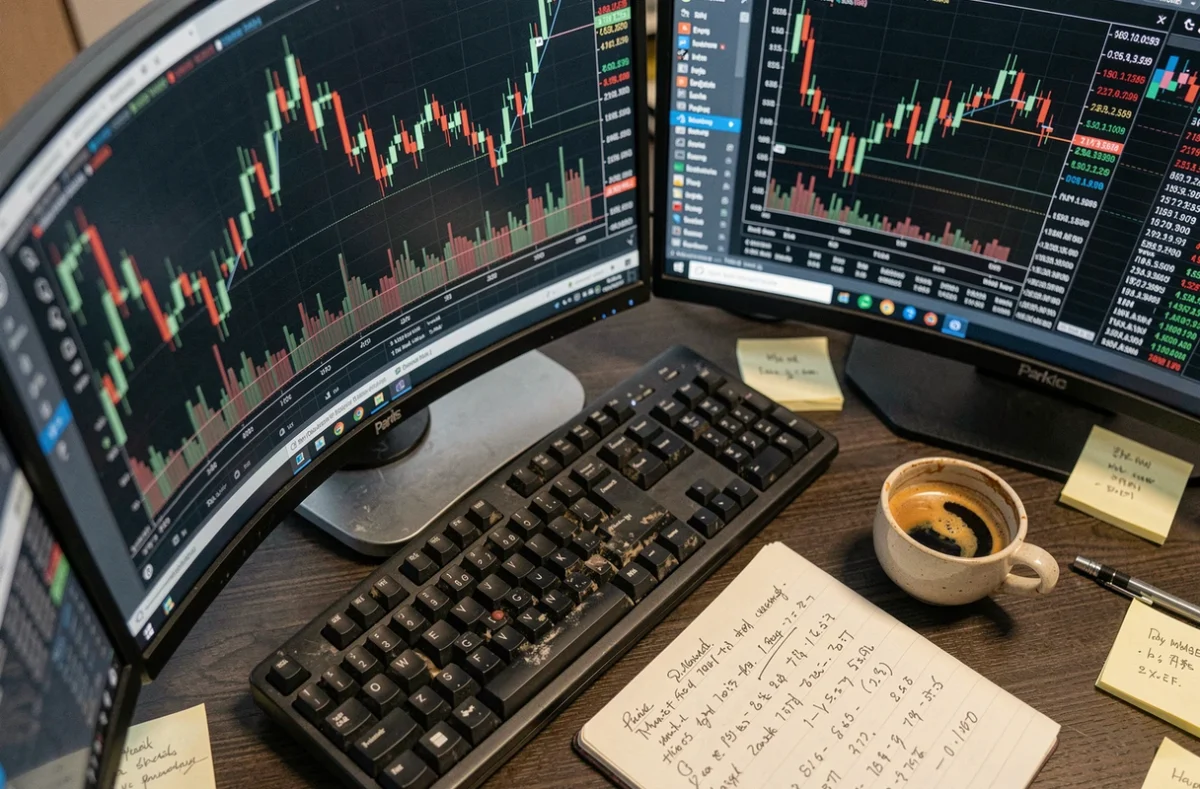Poste de trading avec graphiques boursiers volatils lors de l'ouverture matinale de la Bourse de Paris