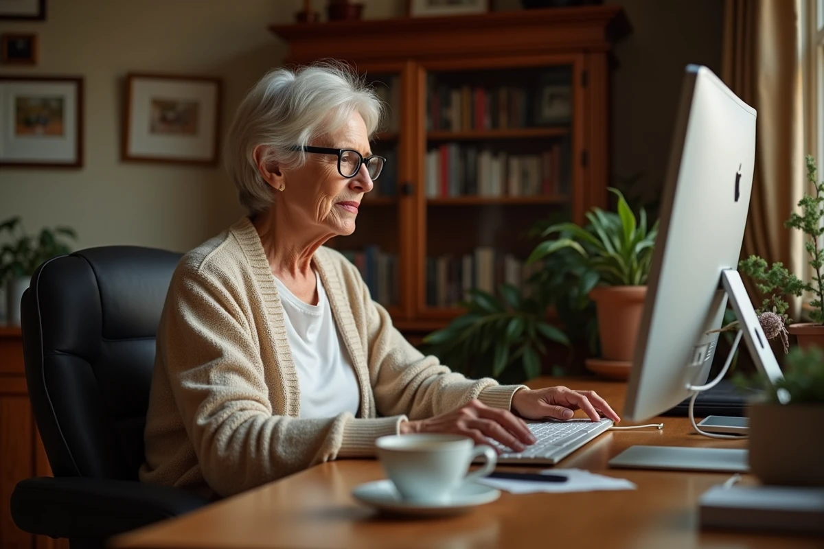 Femme âgée essayant de résoudre un problème de connexion à son compte LCL particuliers sur ordinateur de bureau