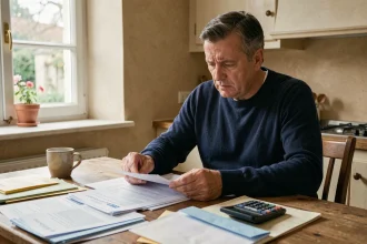 Propriétaire en Nord-Vendée examinant ses documents de taxe foncière à la maison