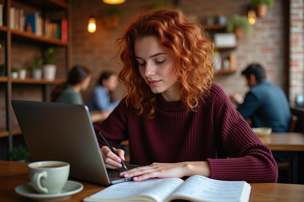 Jeune femme recherchant des analyses financières fiables sur son ordinateur portable dans un café chaleureux