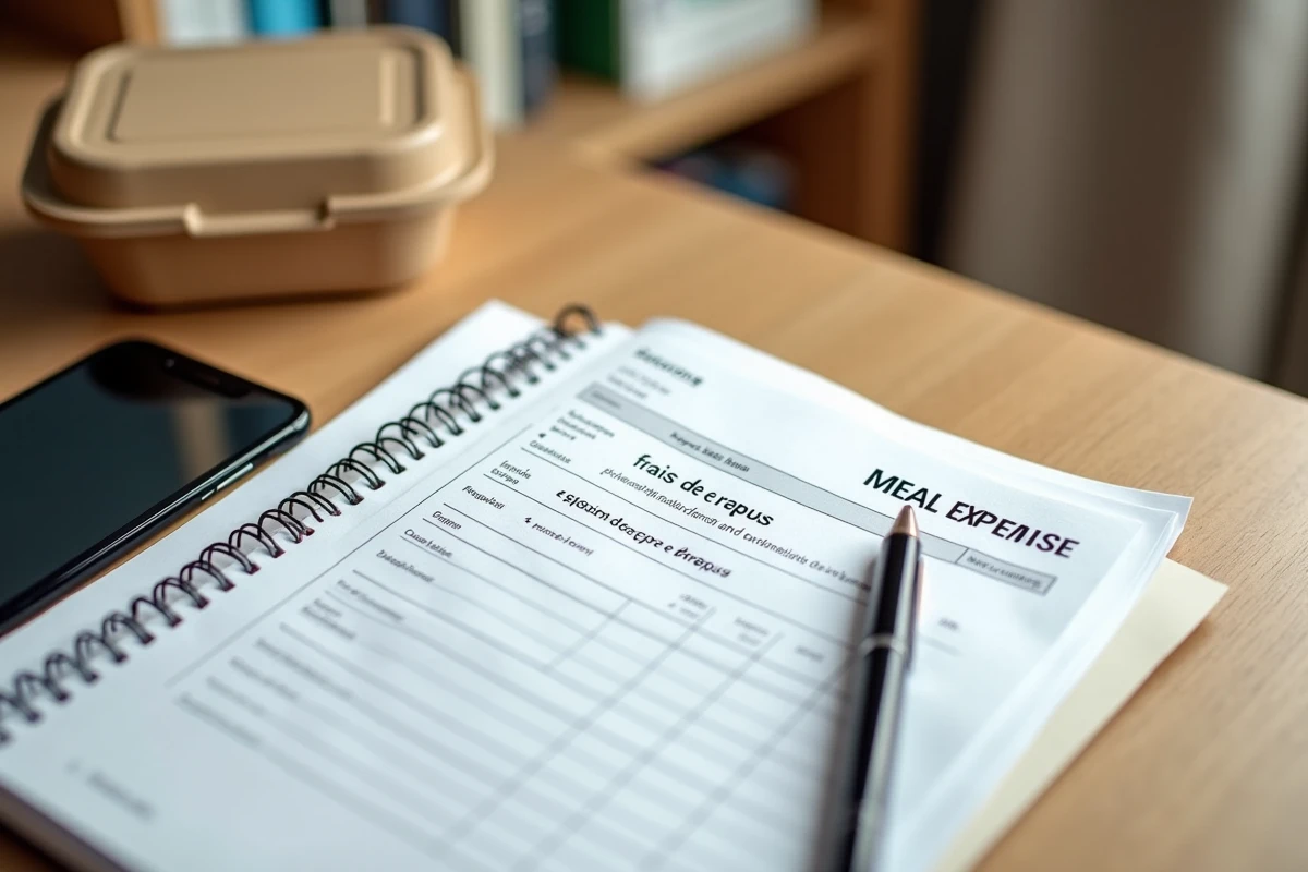 Vue de dessus d'un bureau avec reçu de repas, carnet de budget et smartphone affichant un calcul d'économie d'impôt 2026