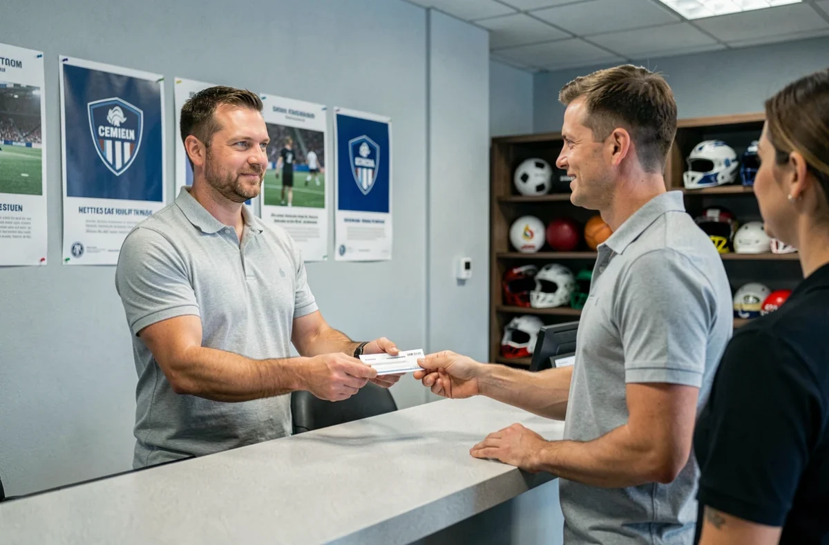 Homme remettant un chèque à l'accueil d'un club sportif pour payer sa cotisation