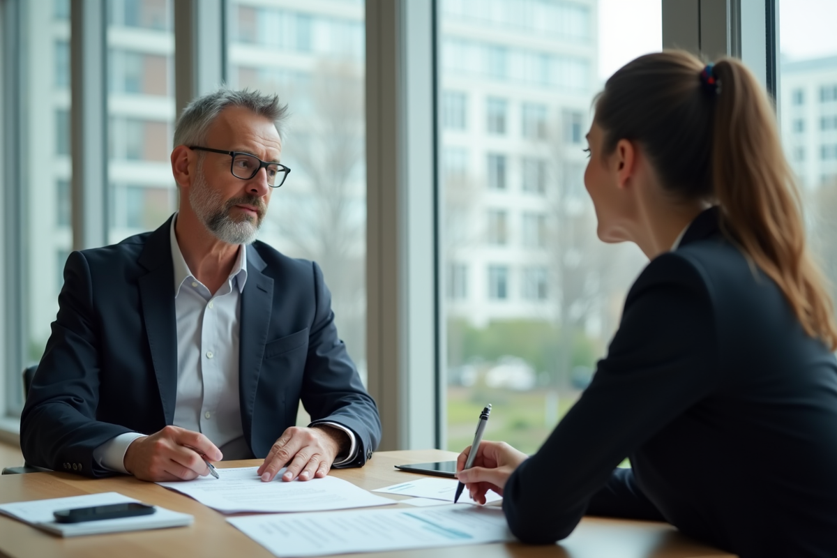 Rencontre entre un professionnel et un banquier dans un bureau lumineux