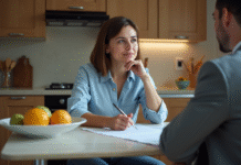 Femme et agent immobilier examinent des papiers dans la cuisine