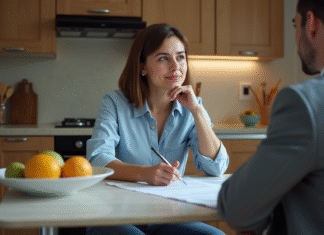 Femme et agent immobilier examinent des papiers dans la cuisine