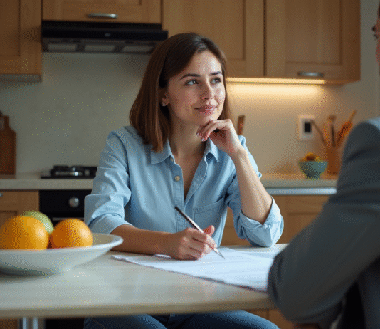 Femme et agent immobilier examinent des papiers dans la cuisine