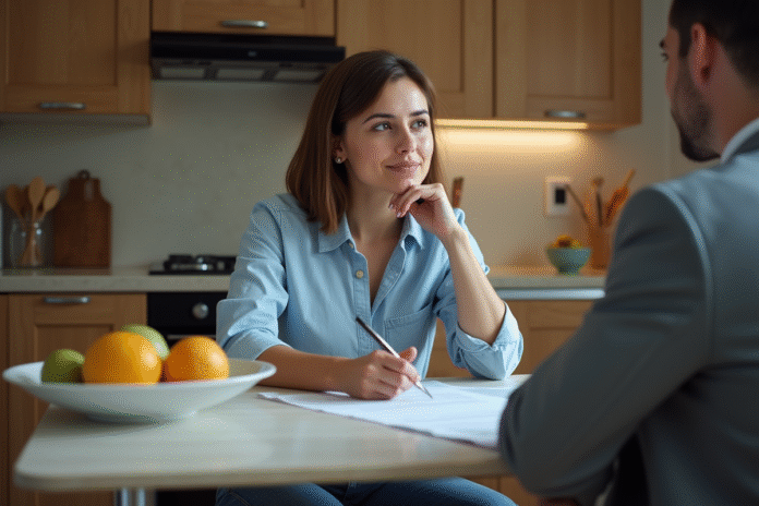 reunion-pret-immobilier Femme et agent immobilier examinent des papiers dans la cuisine