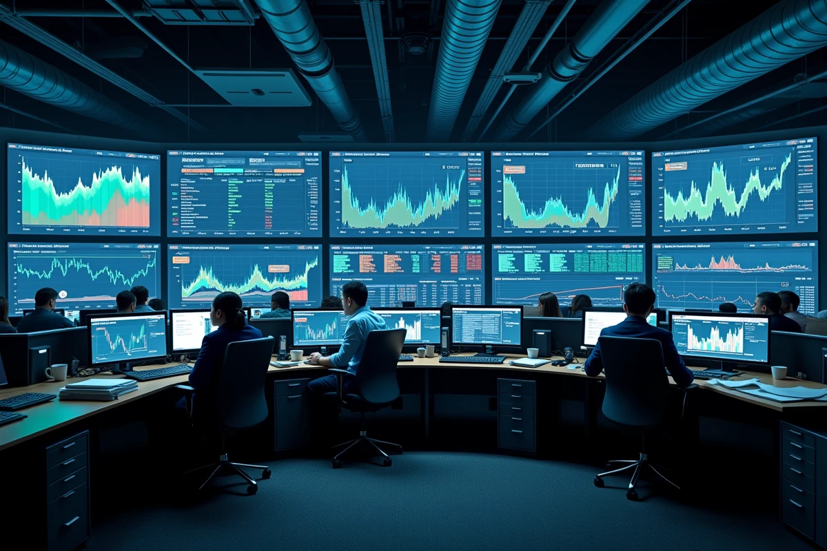 Salle de trading avec analystes consultant les graphiques d'historique de dividendes de Total sur plusieurs décennies