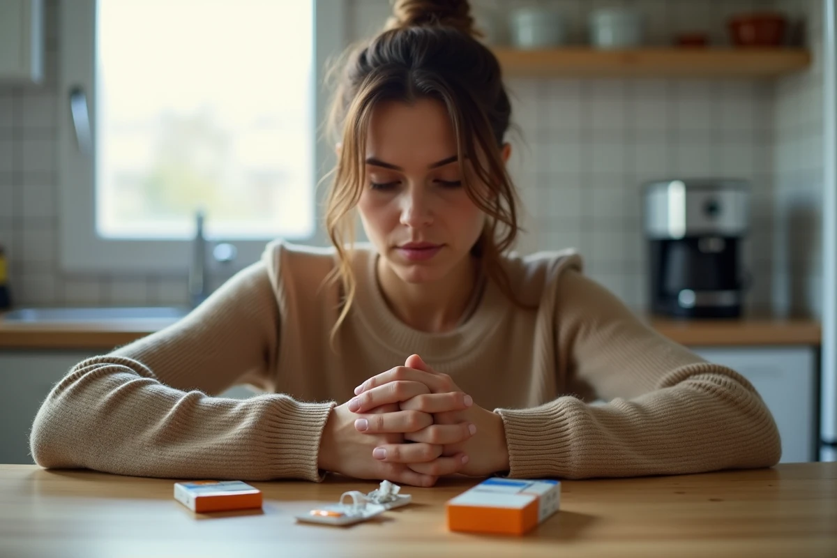 Femme réfléchissant à l'arrêt du tabac avec patch et paquet de cigarettes sur une table de cuisine espagnole