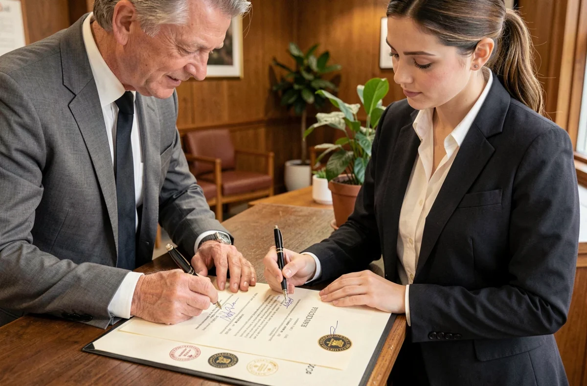 Signature de documents notariaux urgents au comptoir d'un office notarial avec un assistant juridique professionnel