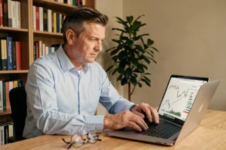 Homme utilisant un simulateur SCPI assurance vie sur ordinateur portable dans un bureau à domicile