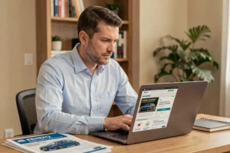 Homme consultant une simulation de crédit auto Macif sur ordinateur portable à son bureau à domicile