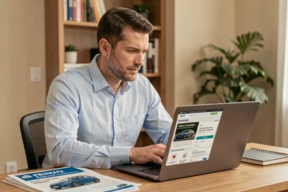 Homme consultant une simulation de crédit auto Macif sur ordinateur portable à son bureau à domicile