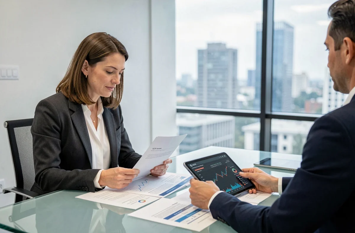 Femme et conseiller financier analysant une simulation SCPI en assurance vie dans un cabinet professionnel