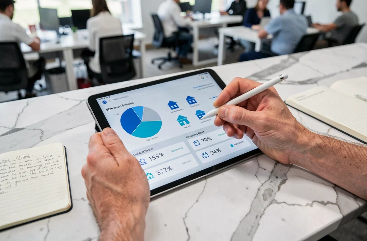 Gros plan sur une simulation d'investissement SCPI sur tablette avec graphiques de rendement