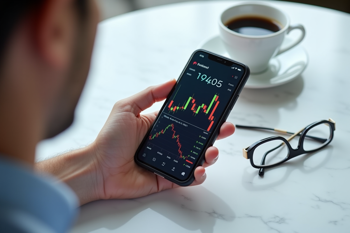 Smartphone avec application crypto et graphiques colorés