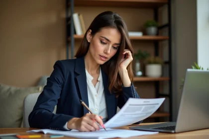 Femme consultant un document d'assurance Qlara à son bureau à domicile, stylo en main, expression concentrée