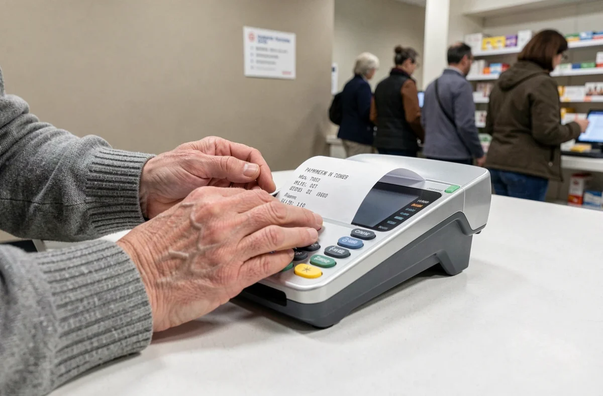 Mains tapant sur un terminal de paiement avec un reçu affichant le libellé du moyen de paiement