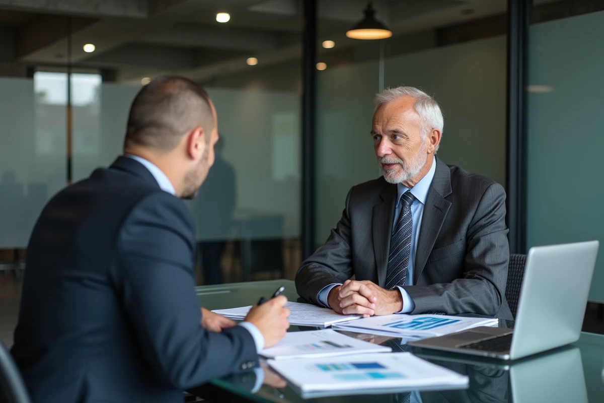 Homme d'affaires en costume charbon discutant de stratégie d'investissement et de gestion de patrimoine avec un conseiller financier autour de graphiques boursiers