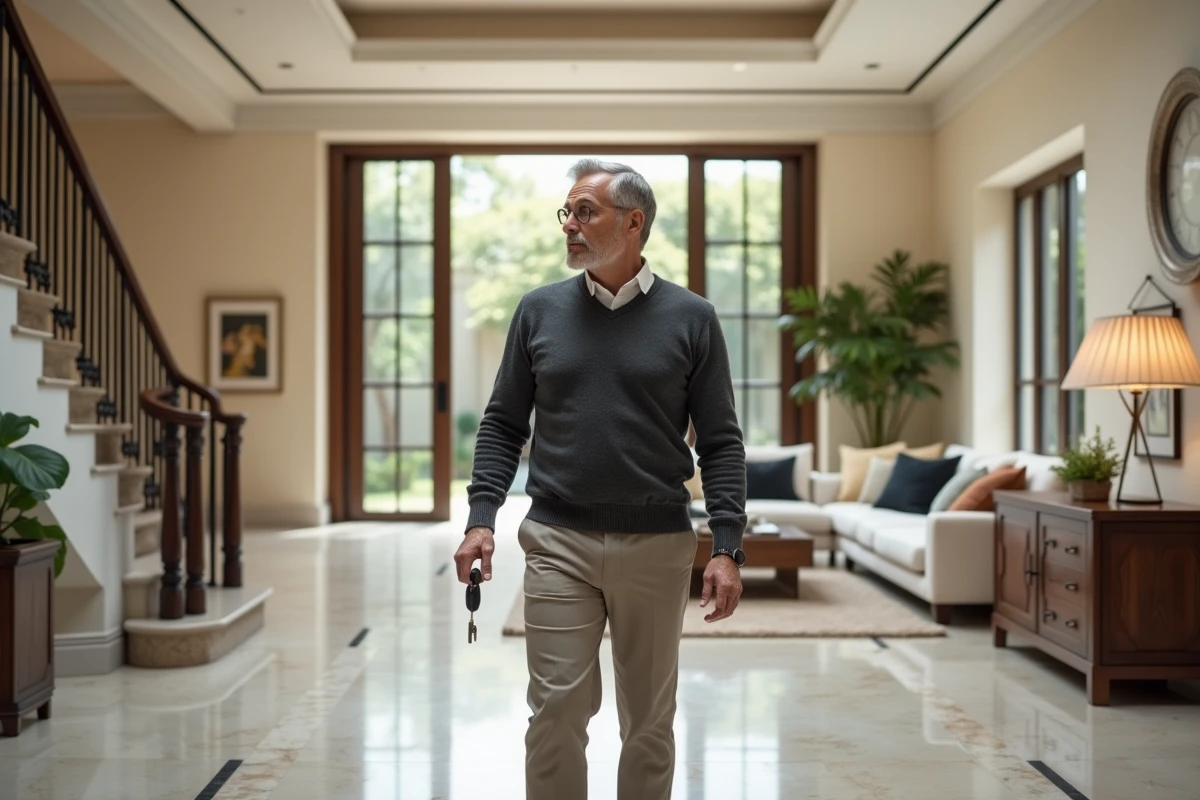 Homme élégant tenant des clés de maison dans le hall d'entrée d'une villa de luxe contemporaine avec marbre, escalier monumental et jardin paysager