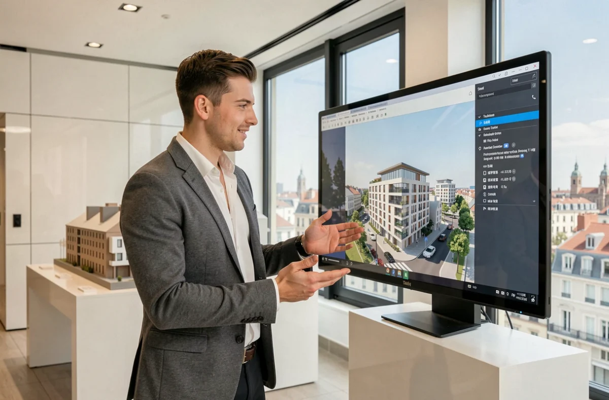 Conseiller de Toulouse IMMO9 présentant un programme immobilier neuf sur un écran tactile dans un showroom moderne à Toulouse