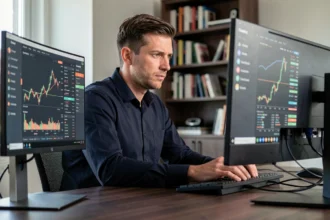 Trader crypto masculin concentré devant des graphiques de trading sur écrans doubles dans un bureau moderne
