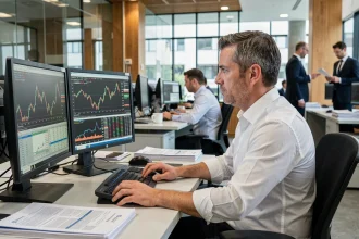 Trader concentré sur les écrans de cotation lors de l'ouverture de la Bourse de Paris