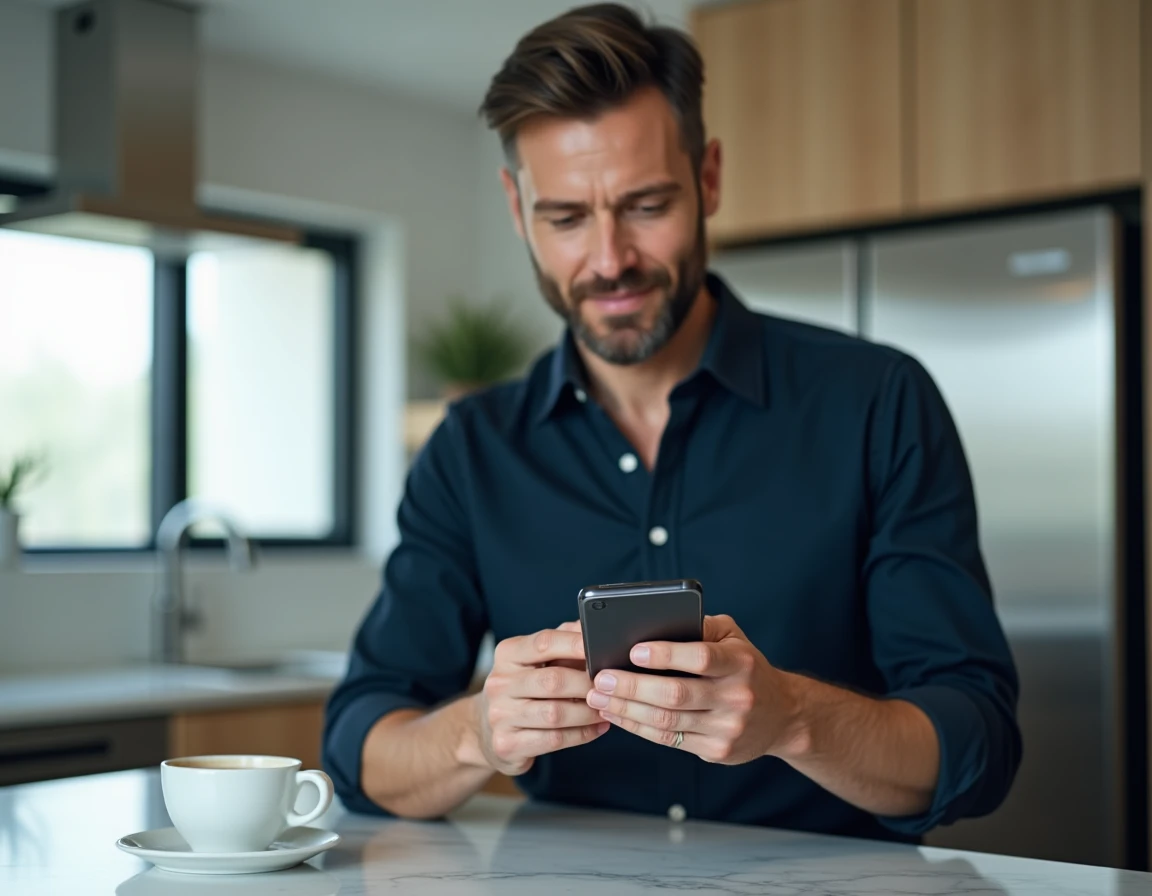 Homme consultant une application bancaire sur smartphone pour valider un paiement en ligne en toute confiance