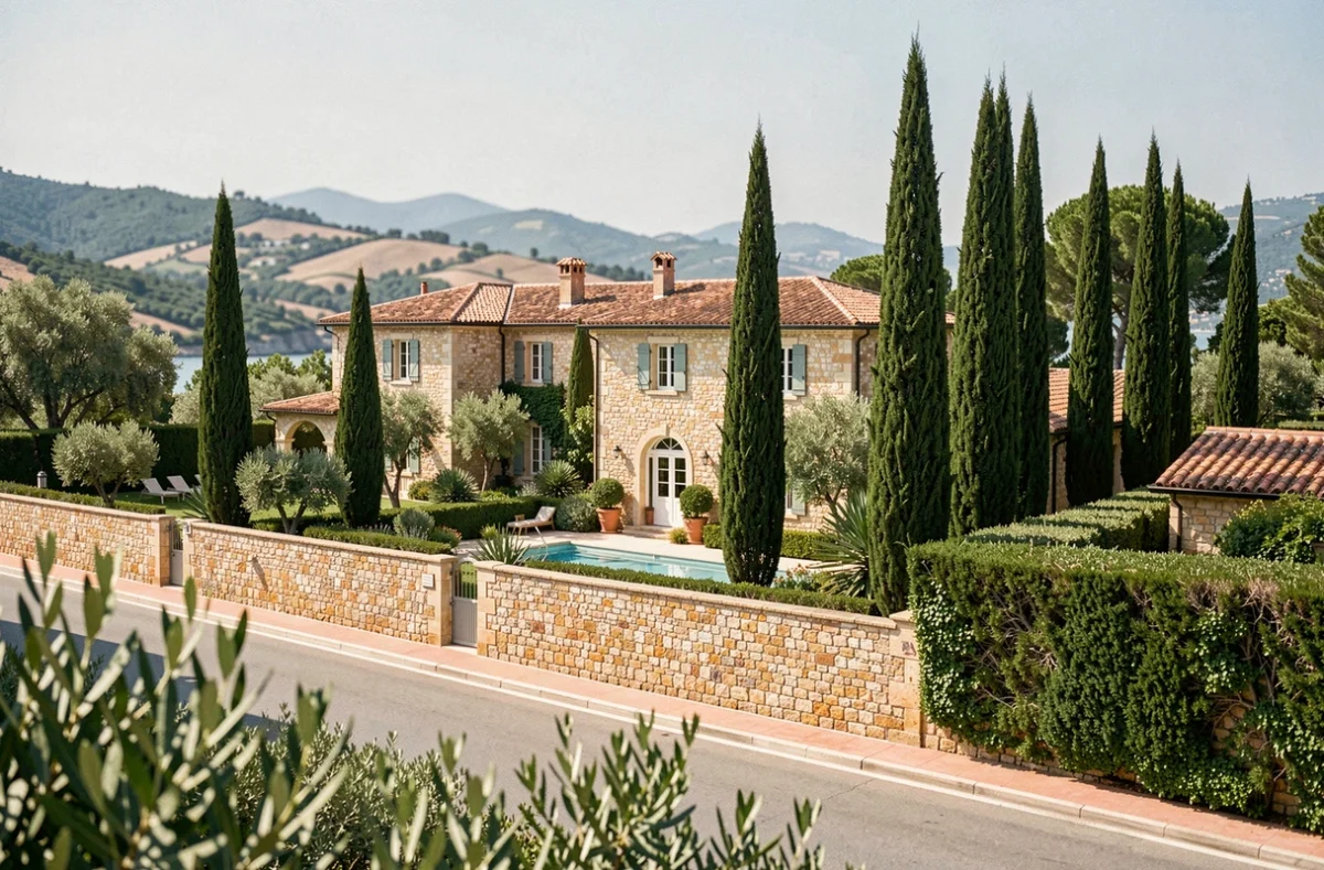 Villa provençale de luxe sur la Côte d'Azur avec jardin méditerranéen, illustrant l'estimation du patrimoine immobilier d'un élu